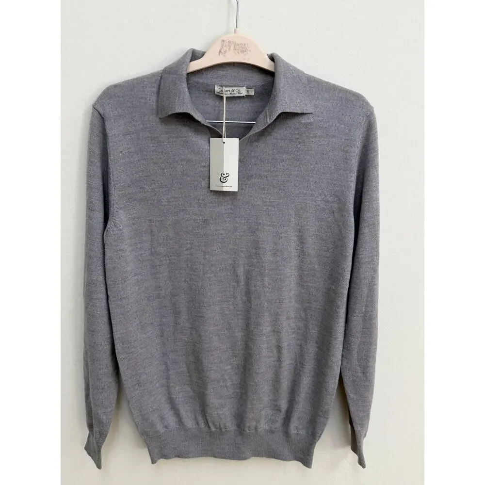 Collars & Co Merino Wool Polo Sweater Men’s S Gray Long Sleeve NWT $118